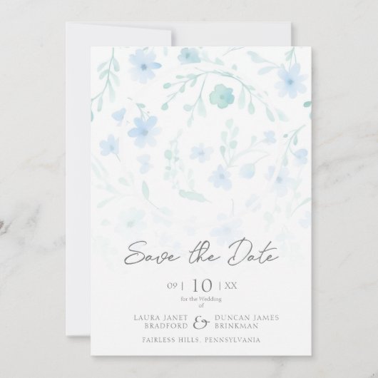 Reserva La Fecha Fancy Flowers Classic Floral Blue Save The Date (Vorderseite)