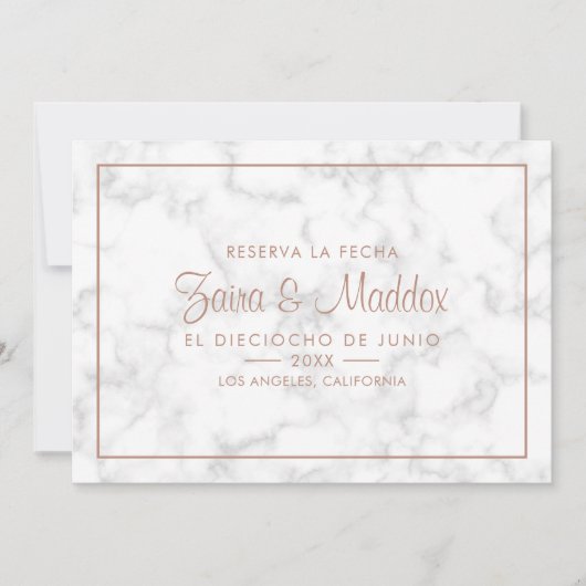 Reserva La Fecha Modern Marble Rose Gold Spanisch Save The Date (Vorderseite)