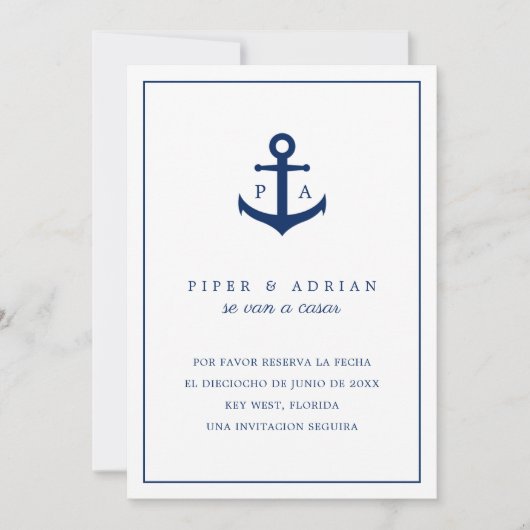 Reserva La Fecha Nautical Anchor Monogram Spanisch Save The Date (Vorderseite)