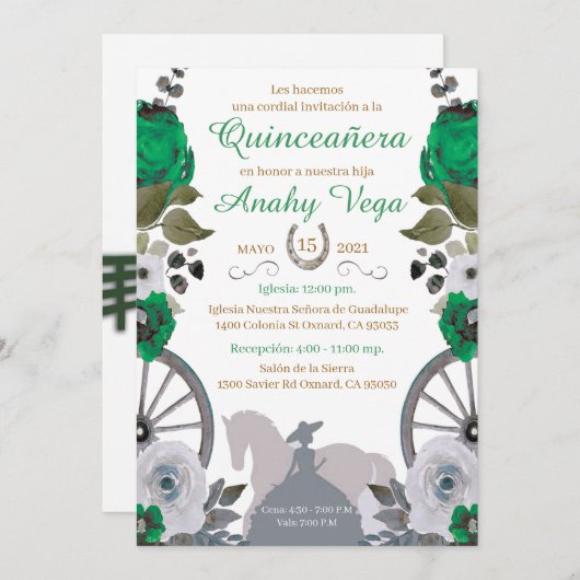 Reserva La Fecha Quinceanera Green Charra, Save The Date (Vorne/Hinten)