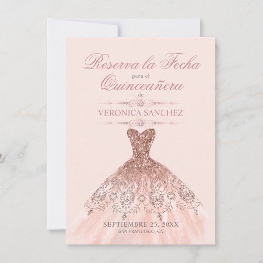 Reserva la Fecha Quinceañera Rosa Kleid Save The Date (Vorderseite)