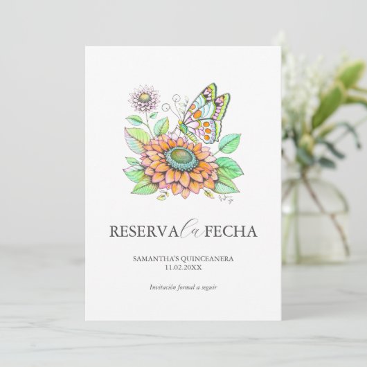 Reserva la Fecha Quinceañeras Mariposas Save The Date (Stehend Vorderseite)