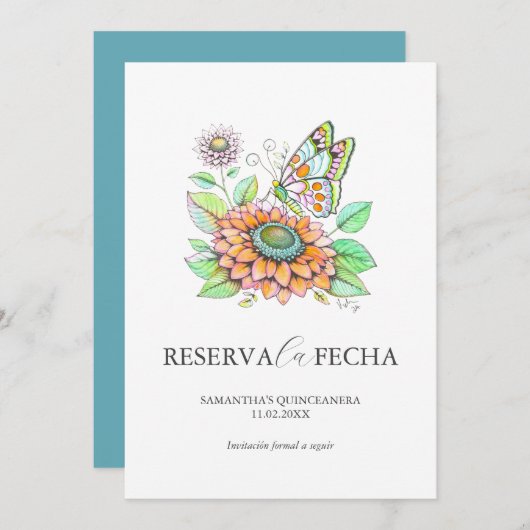 Reserva la Fecha Quinceañeras Mariposas Save The Date (Vorne/Hinten)