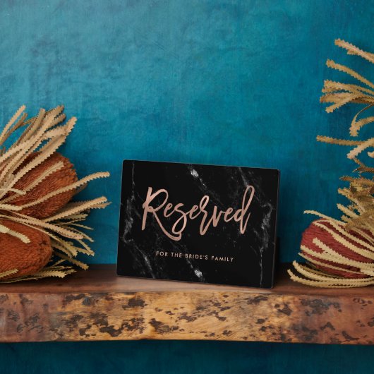 Reserved Rose Gold Script Black Marble Wedding Fotoplatte (Seite)
