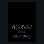 Reservierte Zeichen für schwarze und weiße Hochzei Tischnummer<br><div class="desc">Schwarz vorbehaltene Platzkarten zum halbieren nach dem Kauf. Diese stehende Karte kann für jede Gruppe - Familie,  Brautparty,  usw.,  oder Person - Brautschwester,  Brautschwester usw. - verwendet werden,  um eine Sitzplatzreservierung zu ermöglichen. Verwenden Sie auf Empfang-Tischen oder Zeremoniestühlen,  oder überall,  wo ein Platz gerettet werden muss.</div>