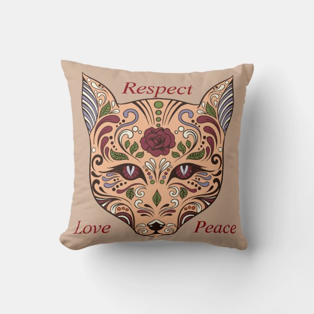 Respect Love Peace Sugar Skull Wolf Mauve Pillow Kissen (Vorderseite)