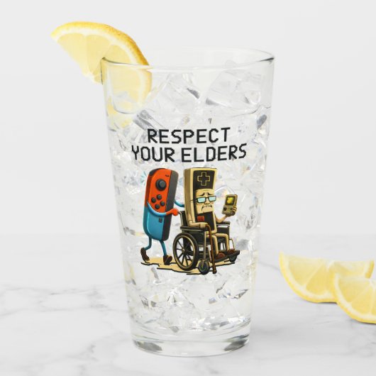 Respect Your Elders Gaming Control Retro Funny Glas (Vorderseite Ice)