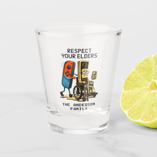 Respect Your Elders Gaming Control Retro Funny Schnapsglas (Vorderseite)