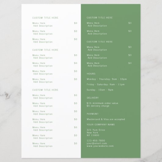Restaurant-Ausgangs-Catering-Logo Olive Green Menu (Rückseite)