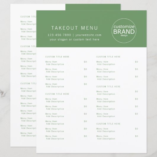 Restaurant-Ausgangs-Catering-Logo Olive Green Menu (Vorne/Hinten)