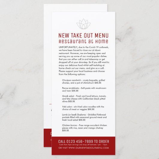 Restaurant bei Zuhause New temp Menüauswahl Menükarte (Vorne/Hinten)