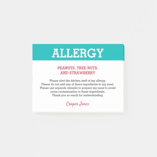 Restaurant "Food Allergy Alert" Personalisiert Aqu Post-it Klebezettel (Vorderseite)