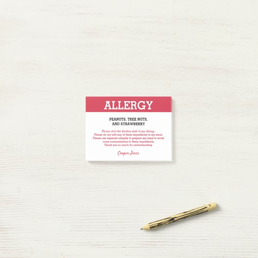 Restaurant "Food Allergy Alert" Personalisiert Post-it Klebezettel (Auf Schreibtisch)