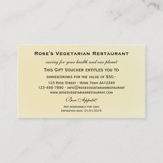 Restaurant Geschenkgutschein oder Geschenkgutschei Rabattkarte (Rückseite)