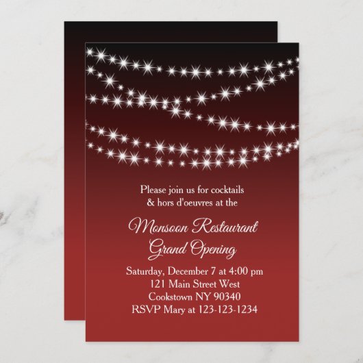 Restaurant Grand Opening Twinkle Lights Dunkelrot Einladung (Vorne/Hinten)