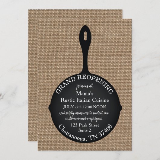 Restaurant Grand Wiedereröffnung Burlap Skillet Einladung (Vorne/Hinten)