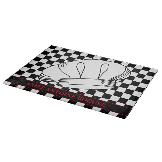 Restaurant Koch Hut auf Schwarz und Weiß Checked Schneidebrett (Ecke)