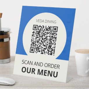 Restaurant Scan Menü Bestellung QR Code Blau Sockelschild