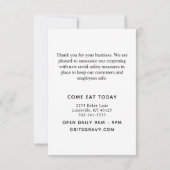 Restaurant Schwarz-weiß Koch Hat Covid Wiedereröff Dankeskarte (Rückseite)