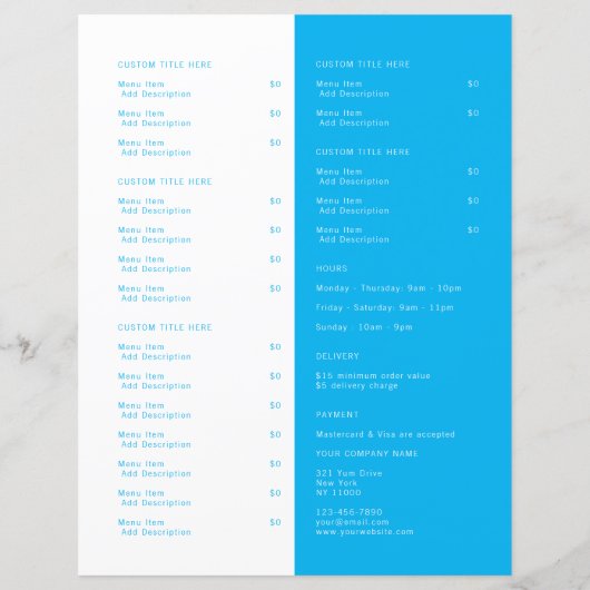 Restaurant Takeout Catering Logo Ocean Blue Menu (Rückseite)