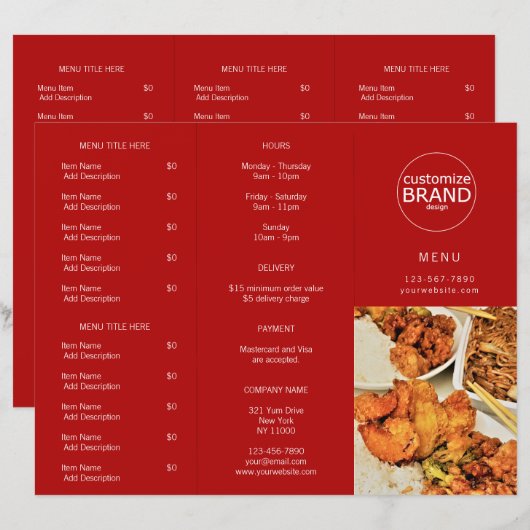 Restaurant-Takeout-Logo Rotes dreiteiliges Menü (Vorne/Hinten)