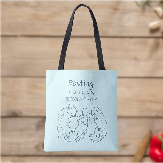 Resting with my dog tote bag self-care ice blue tasche