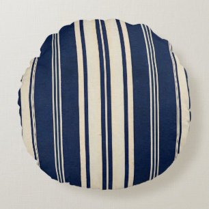 Restoration Elfenbein Navy Blau Vintage Webemuster Rundes Kissen