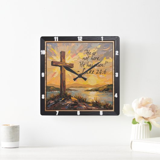 Resurrection's Light: Luke 24:6 Quadratische Wanduhr (Zuhause)