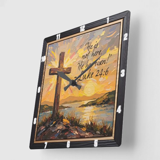 Resurrection's Light: Luke 24:6 Quadratische Wanduhr (Winkel)