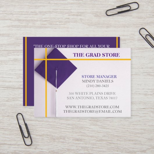 Retailer Yellow & Lila Graduation Cap Visitenkarte (Vorderseite/Rückseite Beispiel)