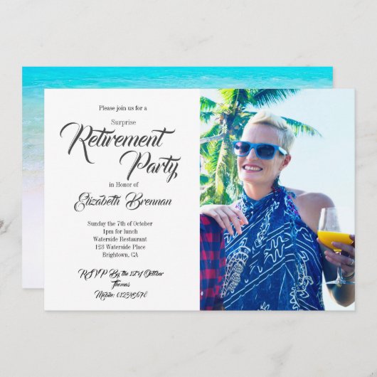 Retirement Foto Beach Moderne stilvolle Typografie Einladung (Vorne/Hinten)