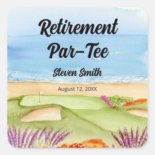 Retirement Golf Course by the Beach Invitation Quadratischer Aufkleber (Vorderseite)