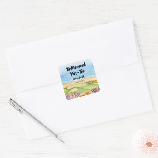 Retirement Golf Course by the Beach Invitation Quadratischer Aufkleber (Umschlag)