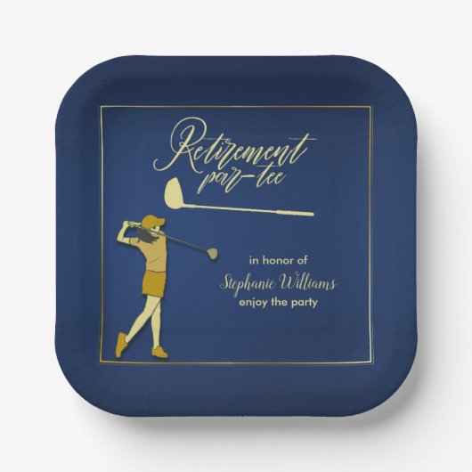 Retirement Golf Party Classic Blue Golden Woman Pappteller (Vorderseite)