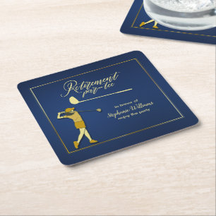 Retirement Golf Party Classic Blue Golden Woman Rechteckiger Pappuntersetzer