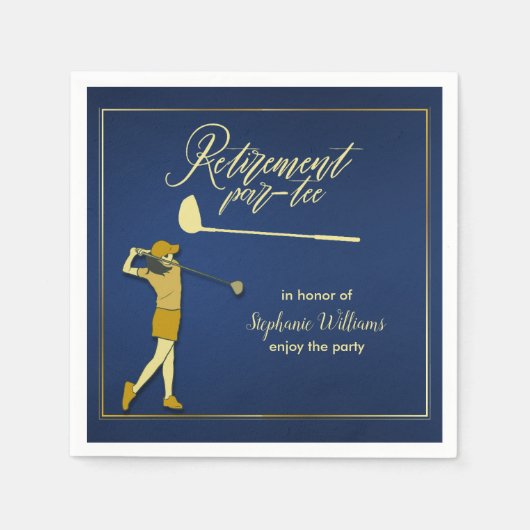 Retirement Golf Party Classic Blue Golden Woman Serviette (Vorderseite)