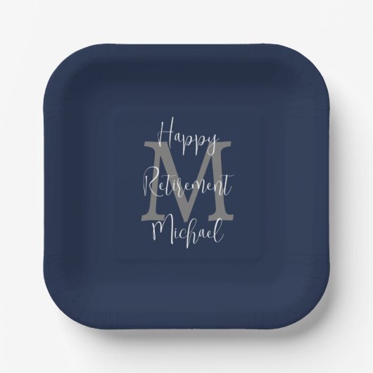 Retirement Party Blue White Gree Name Monogram Pappteller (Vorderseite)