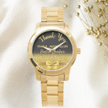 Retirement Postal Worker Black Gold vielen Dank Armbanduhr<br><div class="desc">Elegant,  klassisch,  glamourös und feminin. Ein Geschenk für einen pensionierten Postarbeiter. Ein Imitat mit goldfarbenem Bogen und Band mit goldenem Glitzer und Funkeln,  ein bisschen Bling und Luxus. Schwarzer Hintergrund. Mit dem Text: Vielen Dank,  Vorlagen für einen Namen und Beruf,  Beruf.</div>