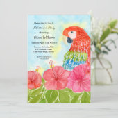 Retirement Scarlet Macaws and Pink Hibiscus  Einladung (Stehend Vorderseite)