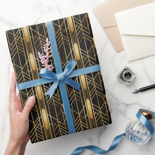 Retro 1920er Art Deco Schwarzes Gold Geometrisches Geschenkpapier (Schenken)