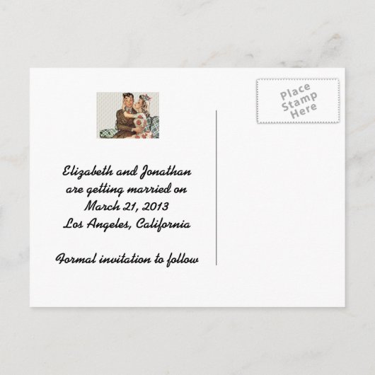 Retro 1940er Kissing Couple Save the Date Ankündigungspostkarte (Rückseite)