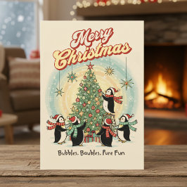Retro 1950 Christmas Card with Penguins & Tree Feiertagskarte