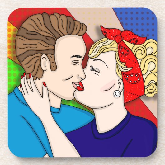 Retro 1950er Jahre Stil Pop Art Couple Kissing Getränkeuntersetzer (Vorderseite)