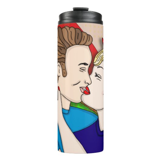 Retro 1950er Jahre Stil Pop Art Couple Kissing Thermosbecher (Vorderseite)