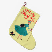 Retro 1950er Weihnachtsmädchen & Hund Großer Weihnachtsstrumpf (Vorderansicht (hängend))
