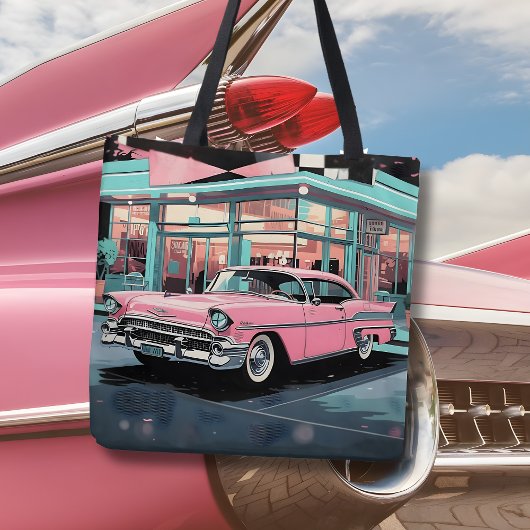 Retro 1950s Pink Car Mid‑Century Diner Tasche