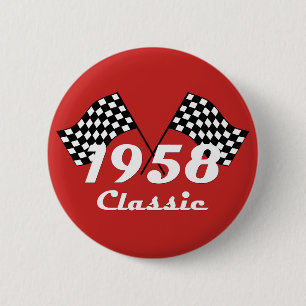 Retro 1958 Klassische Schwarz-Weiß karierte Rennfl Button