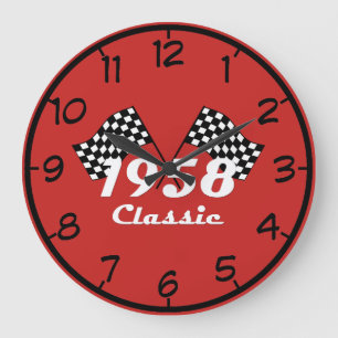 Retro 1958 Klassische Schwarz-Weiß karierte Rennfl Große Wanduhr