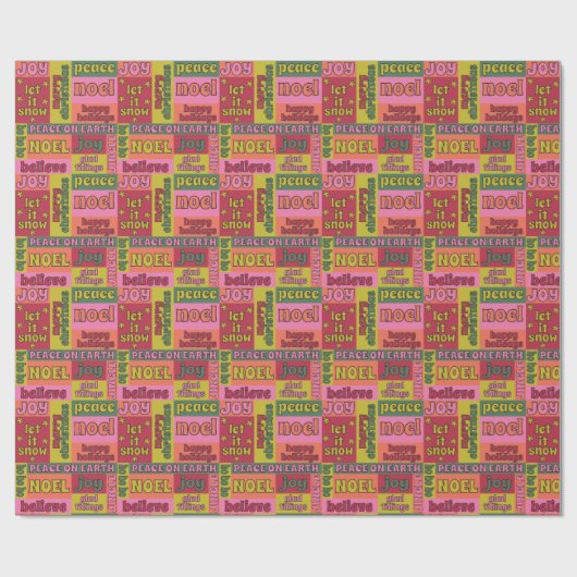 Retro 1970er Collage of Christmas Words Gemustert Geschenkpapier (Flach)
