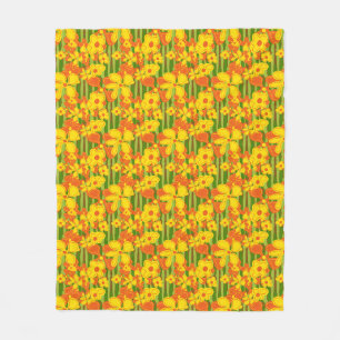 Retro 1970er Jahre Gelbe Orangefarbene Blumen Fleecedecke